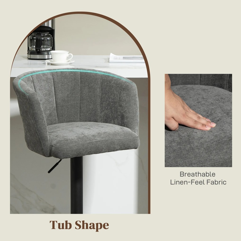 HOMCOM Zestaw 2 Barowych Krzeseł, Oparcie w Kształcie Muszli, Regulowana Wysokość, Podnóżek, dla Kuchni lub Jadalni, Metalowa Baza, Ciemnoszary