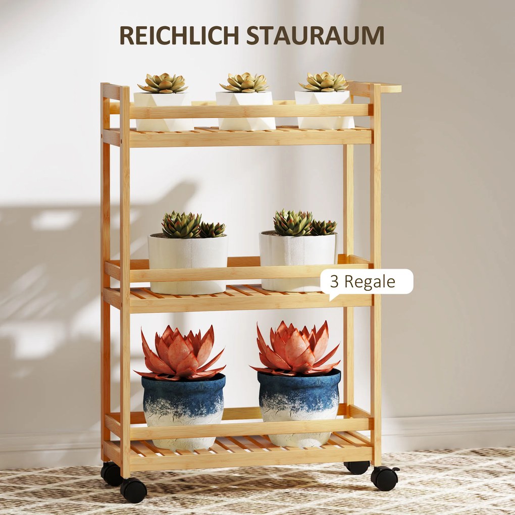 HOMCOM Wózek Serwisowy, 3 Poziomy, Półki Listwowe, Zabezpieczenie przed Wypadaniem, Bambus, 55 x 20 x 75 cm