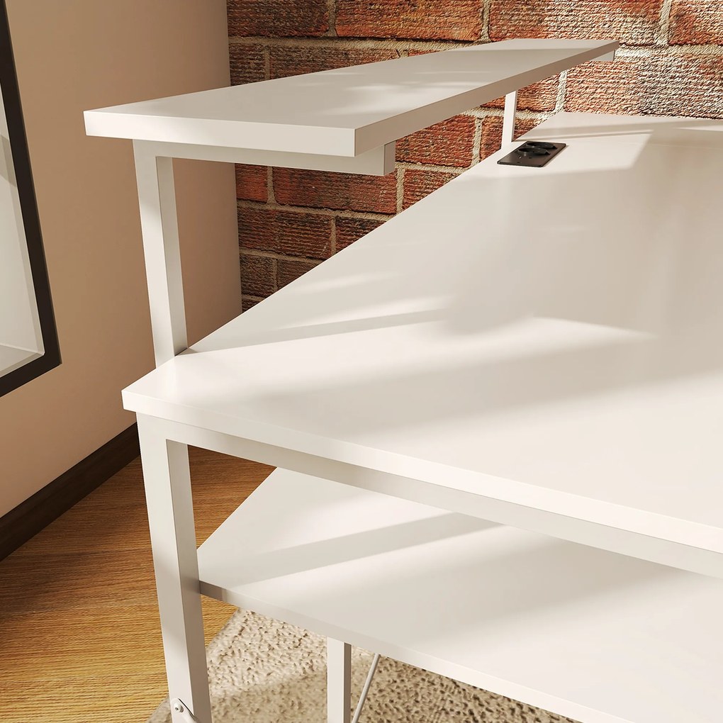 HOMCOM L-kształtne biurko narożne z zintegrowanym gniazdkiem, stojakiem na monitor i półką na przechowywanie, biały