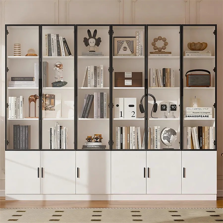 2 nowoczesne wysokie witryny - 120 x 32 x 200 cm - z diodami LED + 3 drzwi szklane + 3 drzwi drewniane - MDF - białe