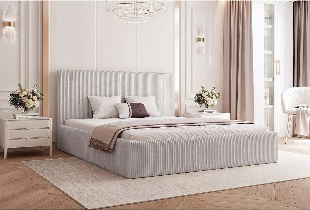 BESILIO Łóżko do sypialni 160x200 Vienna - Łóżko z pojemnikiem, łóżko slim, stelaż listwowy - Tkanina sztuks - Jasnoszary