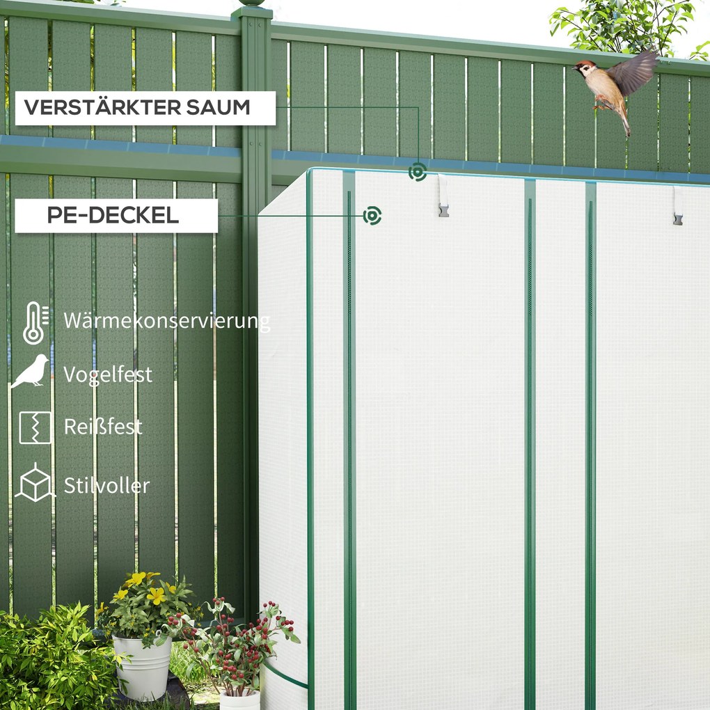 Outsunny Mini szklarnia z 3-poziomową półką, osłona z plastiku, odporna na UV, przenośna, drzwi rolowane, 144 x 48 x 152 cm, Biała