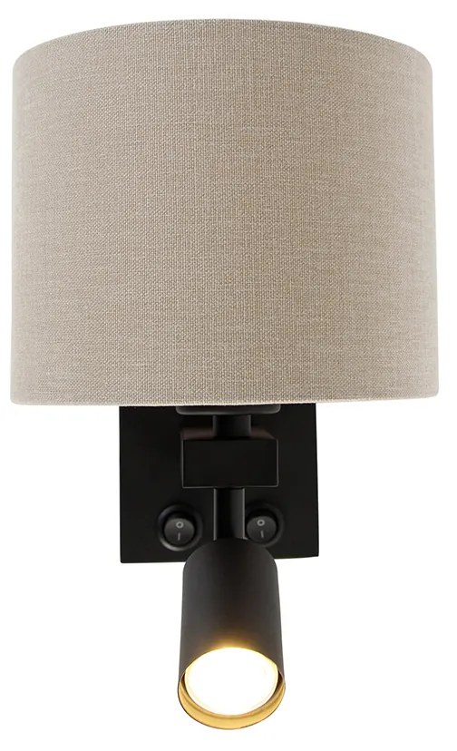 Lampa ścienna czarna z lampką do czytania i kloszem 18 cm w kolorze jasnobrązowym - Brescia Nowoczesny Oswietlenie wewnetrzne