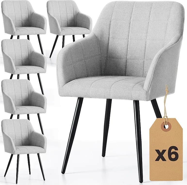 6x Krzesło tapicerowane z przeszyciami kwadratowymi Jasny Szary LUXANO Czarne nogi tkanina Lumos