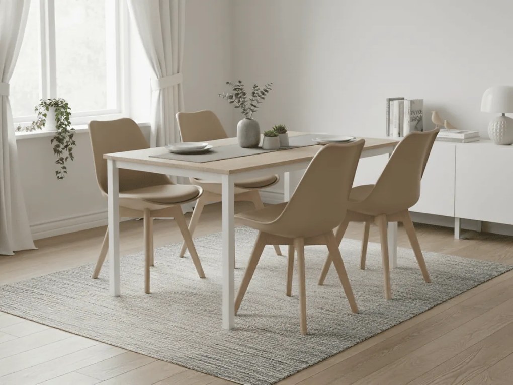 Zestaw jadalniany 1 + 4, biały stół TESSA 120x60 cm dekor dąb + beżowe krzesło BALI MARK z bukowymi nogami