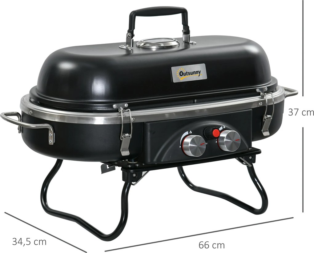 Outsunny Składany Grill Gazowy 2,34 KW BBQ z 2 Palnikami ze Stali Nierdzewnej Regulatorem Ciśnienia 66 x 34,5 x 37 cm Czarny
