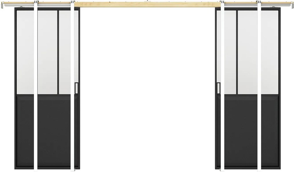 Drzwi przesuwne podwójne industrialne chowane w ścianie - Czarny i matowe szkło hartowane - 2 x wys. 205 x szer. 93 cm - ARTISTO II