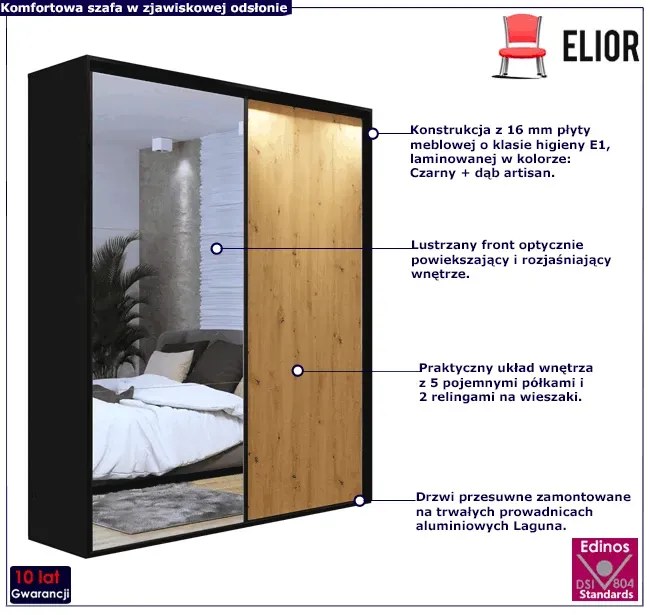 Szafa przesuwna z lustrem czarny + dąb artisan - Estori 3X