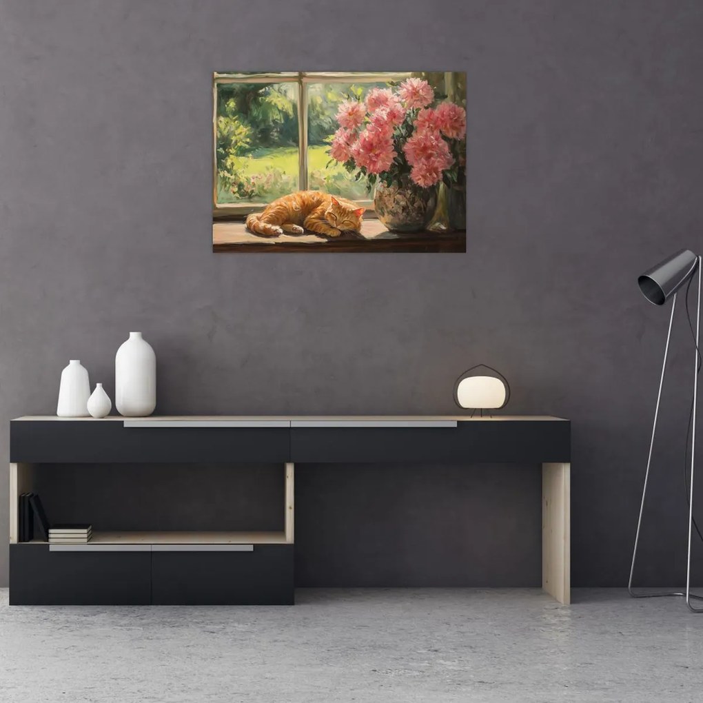 Obraz na szkle - Kot na oknie (70x50 cm)