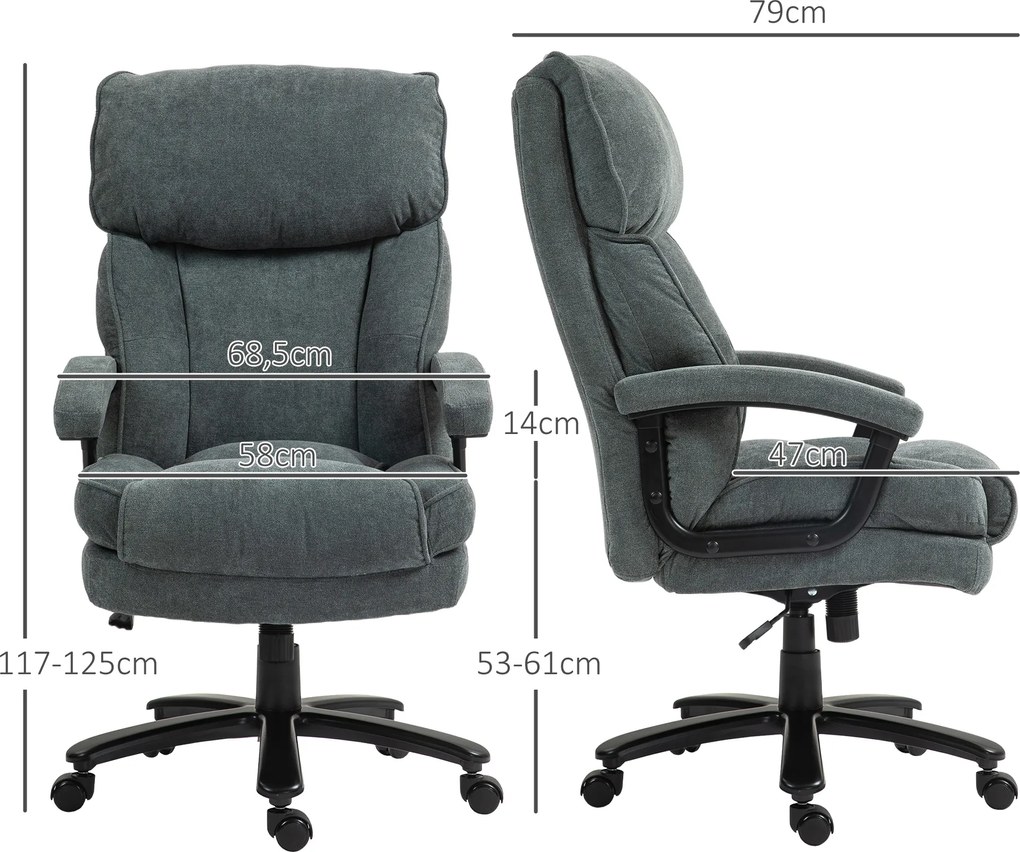 HOMCOM Duży wysoki fotel biurowy, nośność 200 kg, mocna konstrukcja, miękki pokrowiec, Szary