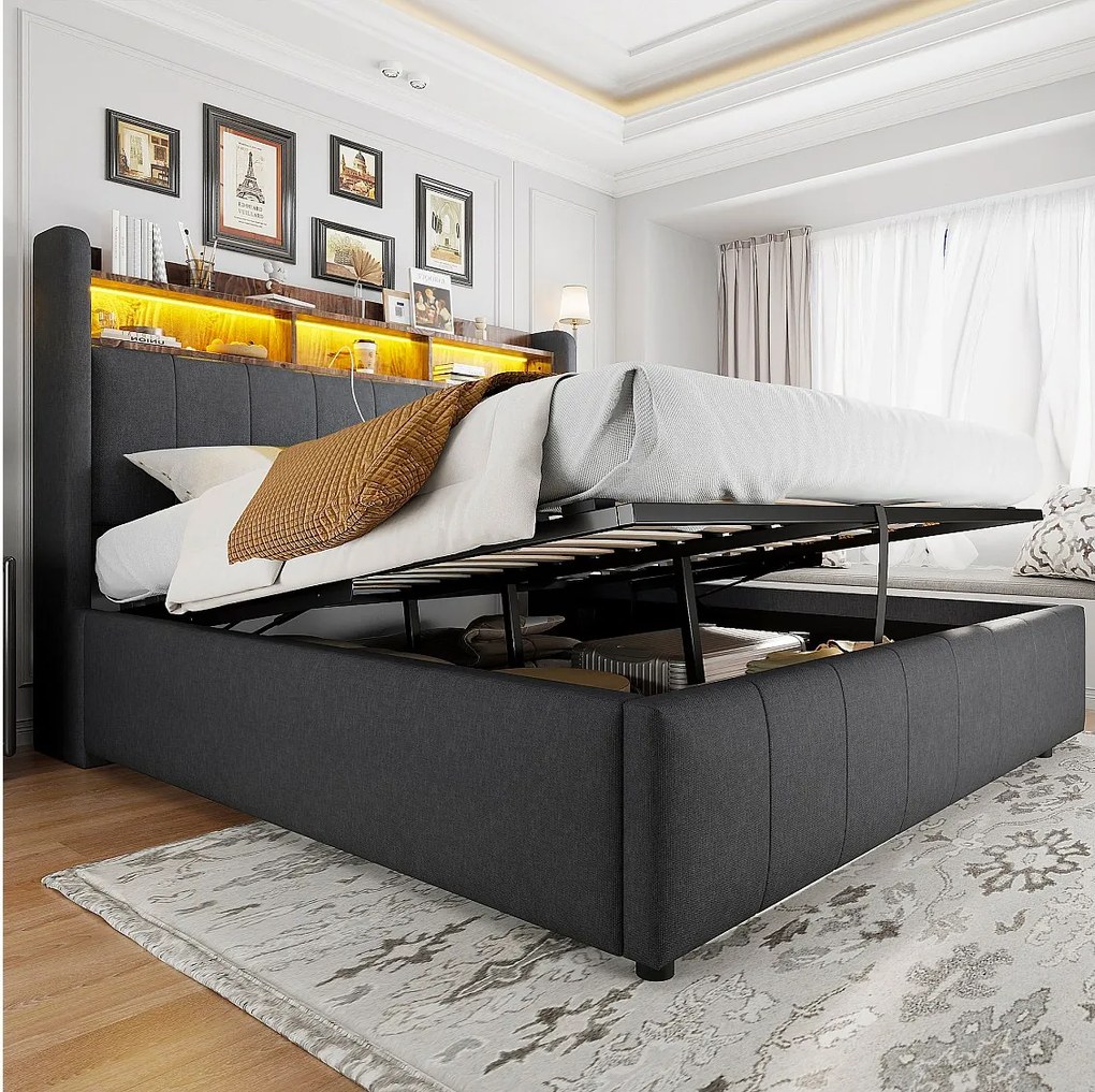 Podwójne tapicerowane łóżko ze schowkiem - 160 x 200 cm - z diodami LED + portem USB - zagłówek ze schowkiem - Tkanina lniana - Szare