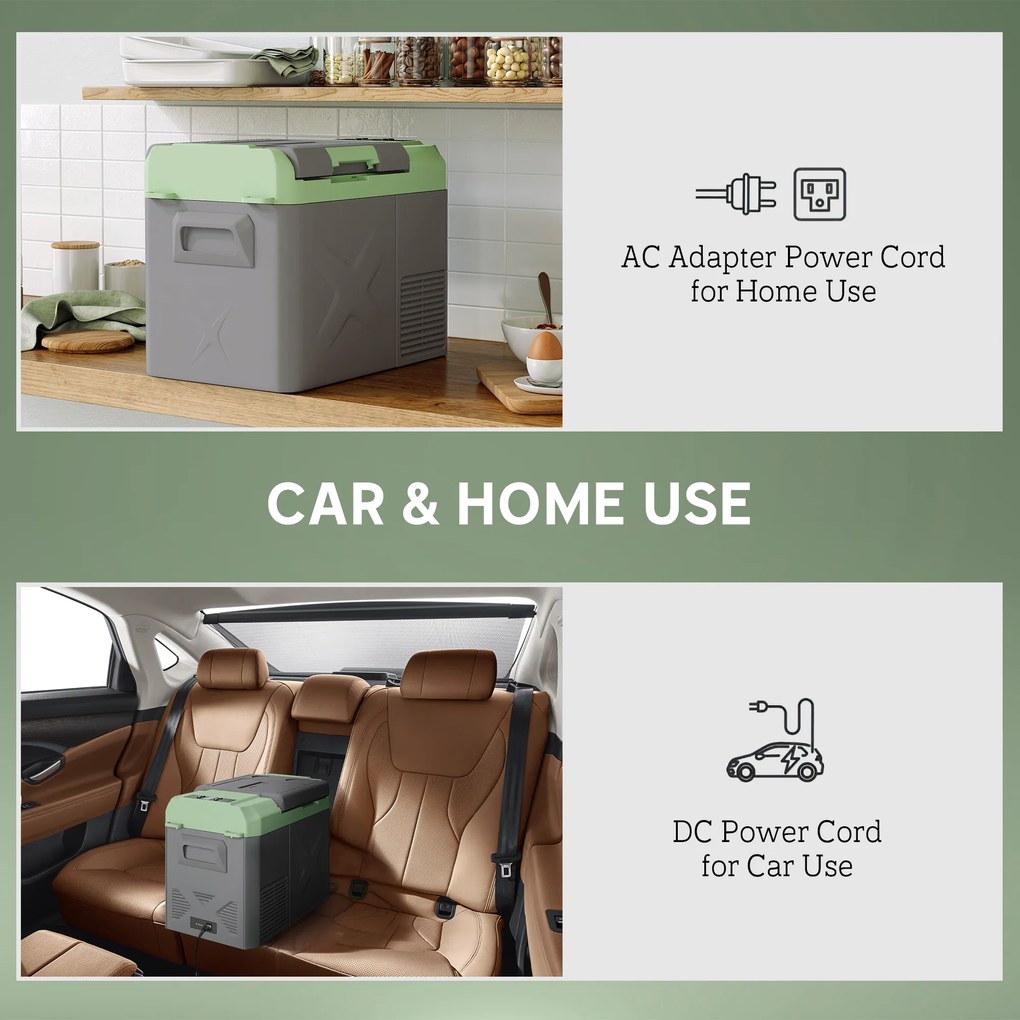 Outsunny 24,2 L Lodówka Campingowa, Lodówka Samochodowa z LED, Adaptory AC i DC, Cicha Praca, Szara+Zielona
