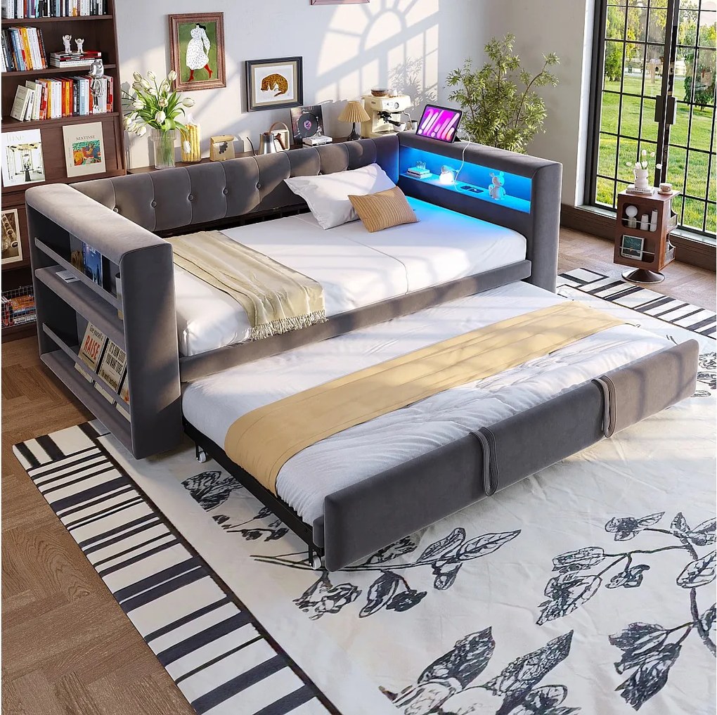 Tapicerowana sofa z łóżkiem 90x190 cm - z oświetleniem LED - z łóżkiem chowanym - z gniazdkiem elektrycznym - ciemnoszary