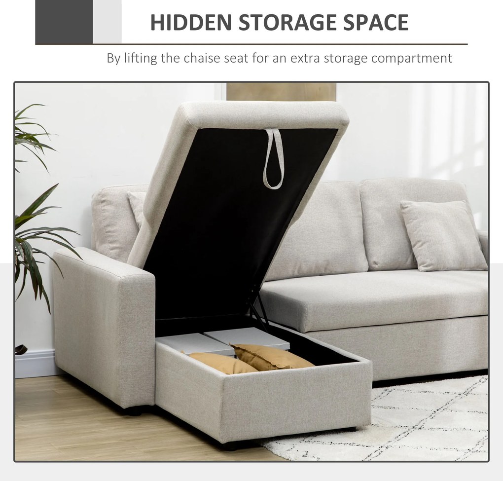 HOMCOM Narożnik z funkcją spania, Zestaw narożny z sofą 2-osobową, Łóżkiem, Narożnikiem L z miejscem do przechowywania, 2 Poduszki Kremowy