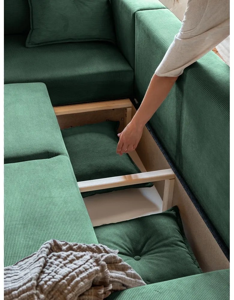 Zielony sztruksowy rozkładany narożnik (lewostronny) Lazy Lukka – Miuform