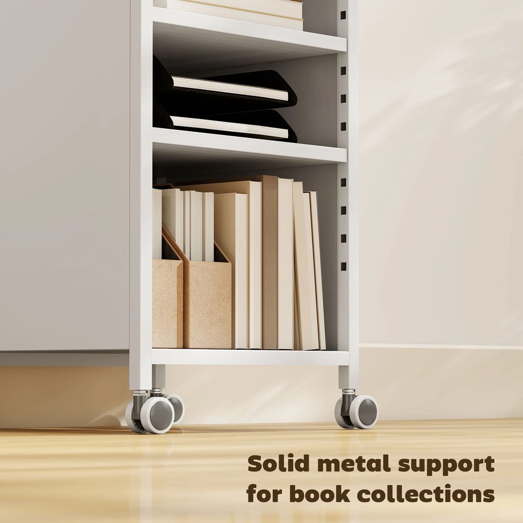 HOMCOM Mobilny regał na książki z regulowanymi półkami, 3-poziomowy wózek z górnym koszem, biały | Aosom PL