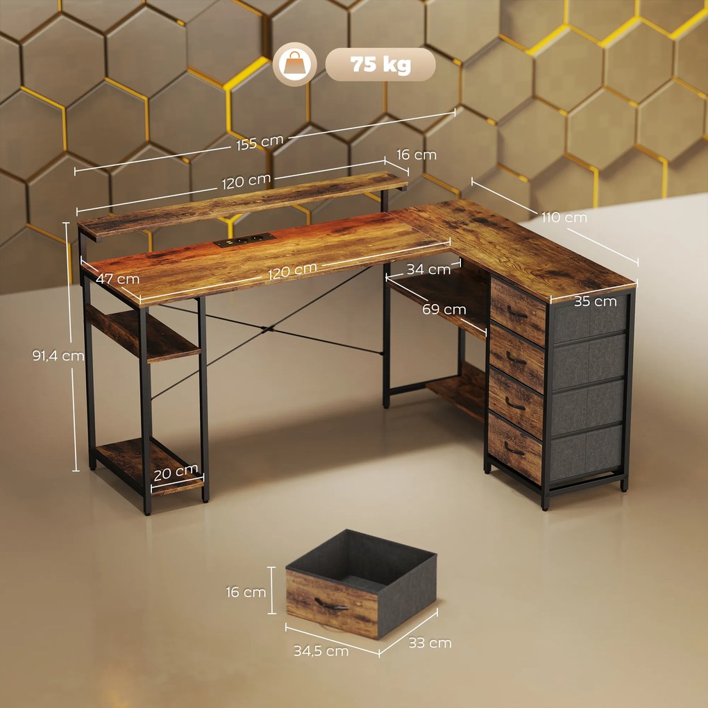 HOMCOM Biurko gamingowe L-kształtne z gniazdkiem, oświetleniem LED, 4 szufladami, podstawką pod monitor 155x110x91,4 cm Brąz | Aosom PL