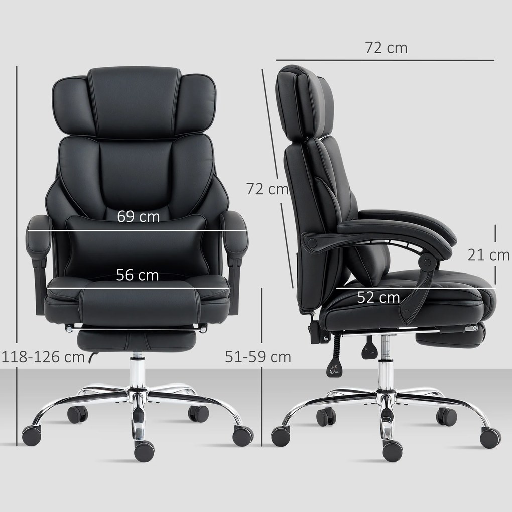 HOMCOM Krzesło biurowe ergonomiczne z regulowaną wysokością, podparciem lędźwiowym, podłokietnikami, podnóżkiem, skórzane, czarne | Aosom PL