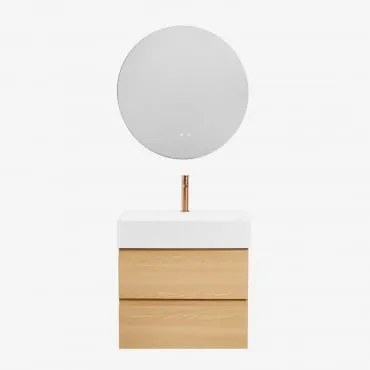 Zestaw Wiszących Mebli Łazienkowych Z Drewna I Forniru Jesionowego Zintegrowany Z Umywalką Ona Naturalna & Okrągła - Sklum