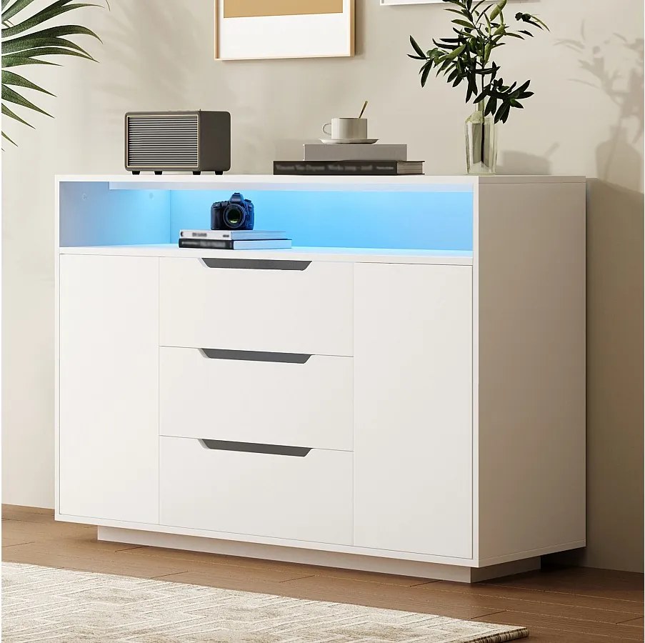 Nowoczesna komoda w matowym wykończeniu - 120 x 40 x 85 cm - z otwartymi półkami + 3 szuflady + 2 drzwi + diody LED - drewno - kolor biały