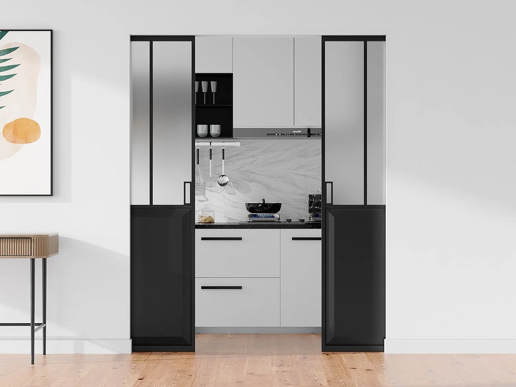 Drzwi przesuwne podwójne industrialne chowane w ścianie - Czarny i matowe szkło hartowane - 2 x wys. 205 x szer. 93 cm - ARTISTO II