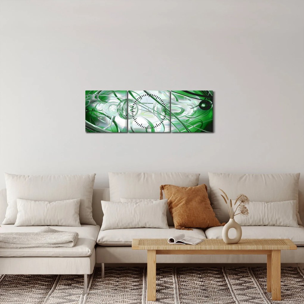 Zielony abstrakcyjny obraz (z zegarem) (90x30 cm)