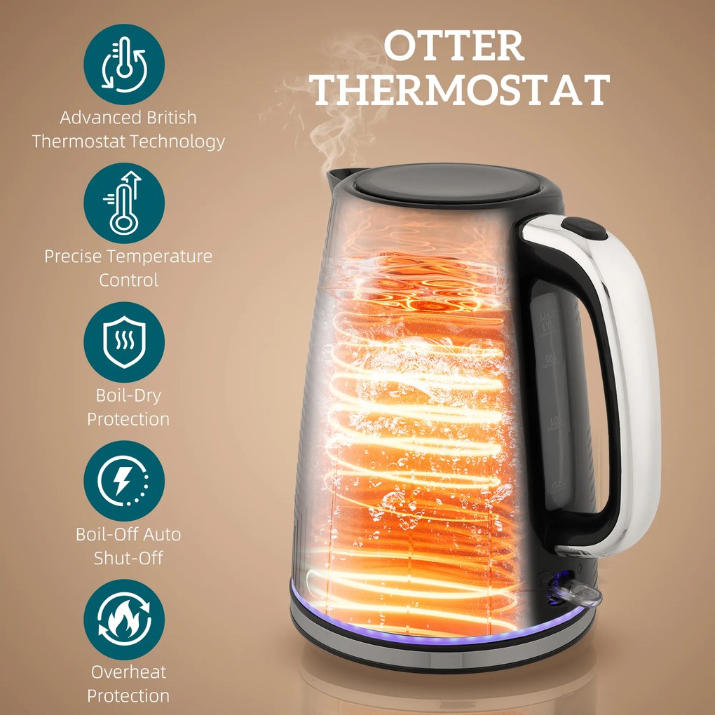 HOMCOM Zestaw czajnik i toster, 2200W, Otter-Thermostat, 2-szczelinowy toster, 7 poziomów przyrumienienia, szuflada na okruchy, czarny