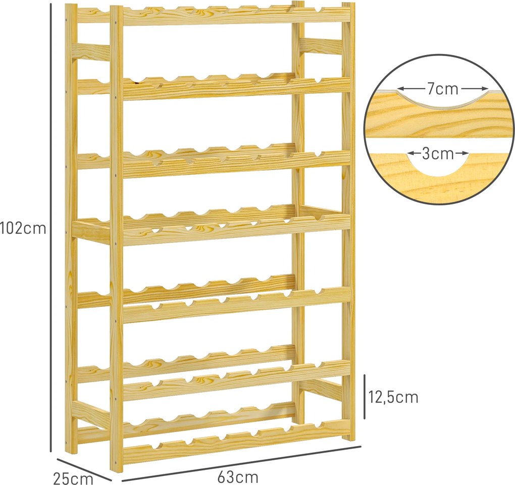HOMCOM Regał na 42 butelki wina, 7 poziomów, z zabezpieczeniem przeciwwypadkowym, drewno sosnowe, 63x25x102cm, naturalny