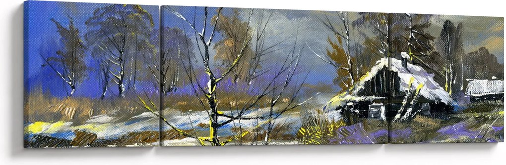 Obraz chaty w zimowym krajobrazie, obraz olejny (170x50 cm)