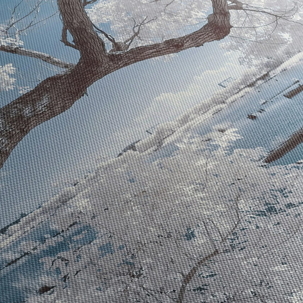 Obraz ośnieżonego drzewa nad wodą (z zegarem) (90x30 cm)