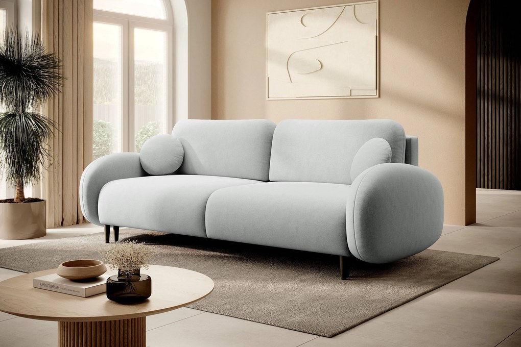 Masseno Sofa AGIO z funkcją spania i pojemnikiem na pościel, Rozkładana sofa - Jasnoszary, CASTEL 80