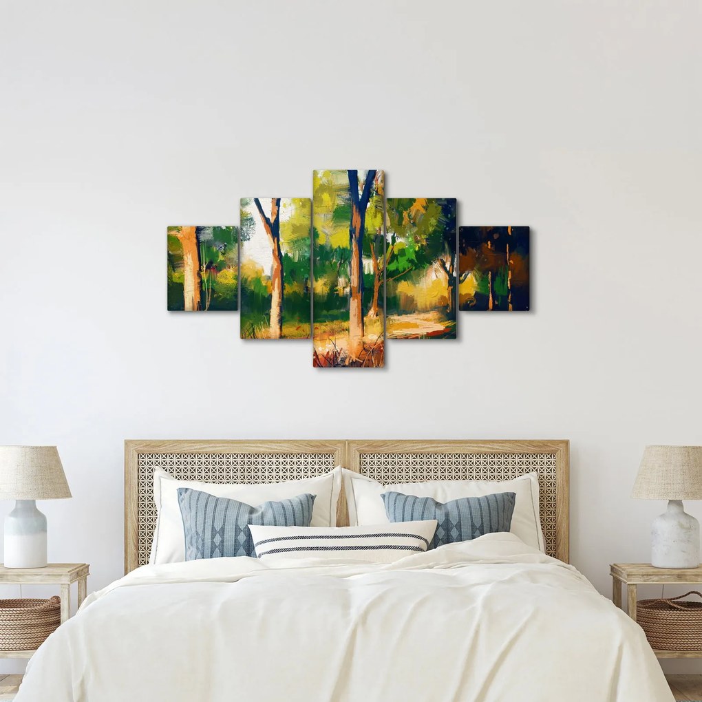 Obraz lasu w letnim słońcu, malarstwo (125x70 cm)