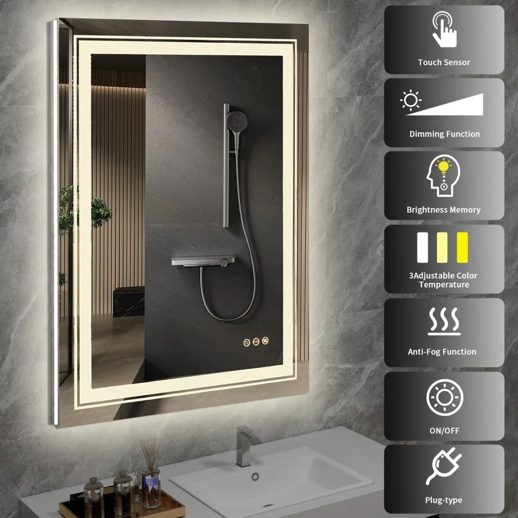 Lustro łazienkowe VERO 60x80cm srebrne z oświetleniem LED HALMAR