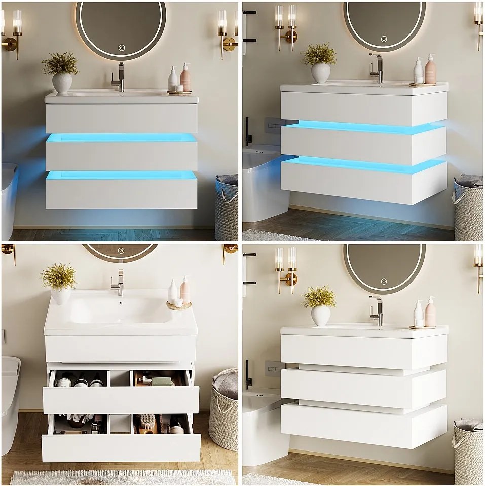 Szafka łazienkowa wisząca z umywalką ceramiczną - 81 x 47,5 x 57 cm - z oświetleniem LED + 2 szuflady - MDF - biała