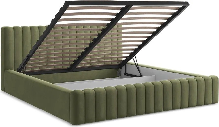Zielone tapicerowane łóżko dwuosobowe ze schowkiem i stelażem 180x200 cm Lemi – Makamii