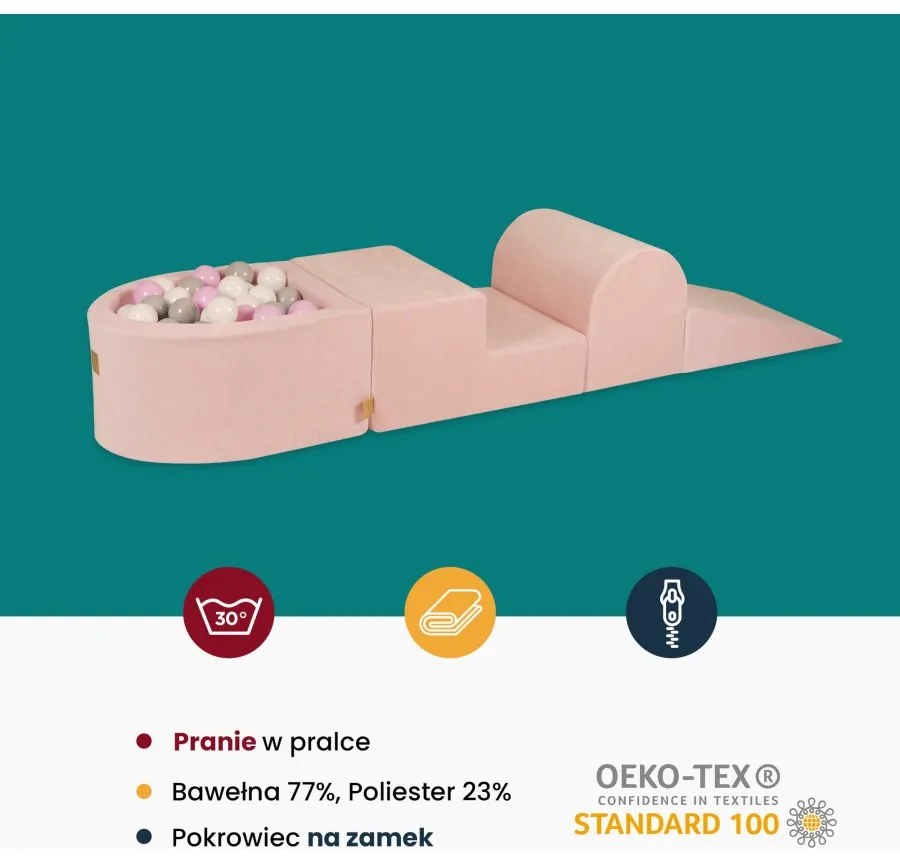Piankowy zestaw do zabawy z suchym basenem 57x45x30cm/100 piłek 7cm, plac zabaw dla dziecka, 5 elementów, welurowy, jasnoszary, piłki: pastelowy róż, transparentne, białe - meowbaby®
