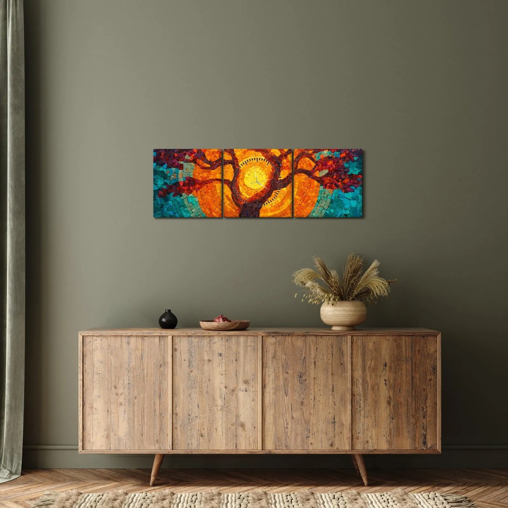 Obraz - Drzewo życia i słońce w mozaice (z zegarem) (90x30 cm)