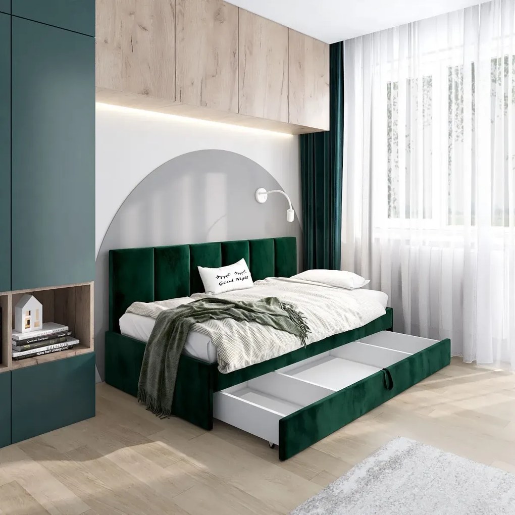 Łóżko młodzieżowe SORA 2 90x200 zielone z tapicerowanym panelem i szufladą MKPOL