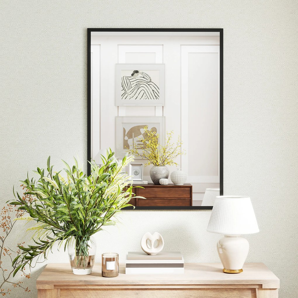 HOMCOM lustro ścienne prostokątne 76 x 101 cm, czarna drewniana rama, idealne do łazienki, salonu lub sypialni | Aosom PL