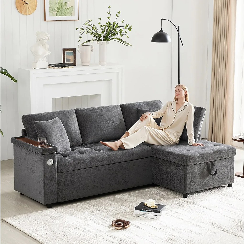 Sofa 3-osobowa z funkcją spania - Narożnik z dwiema poduszkami i podłokietnikiem - ze schowkiem - szara tkanina szenilowa