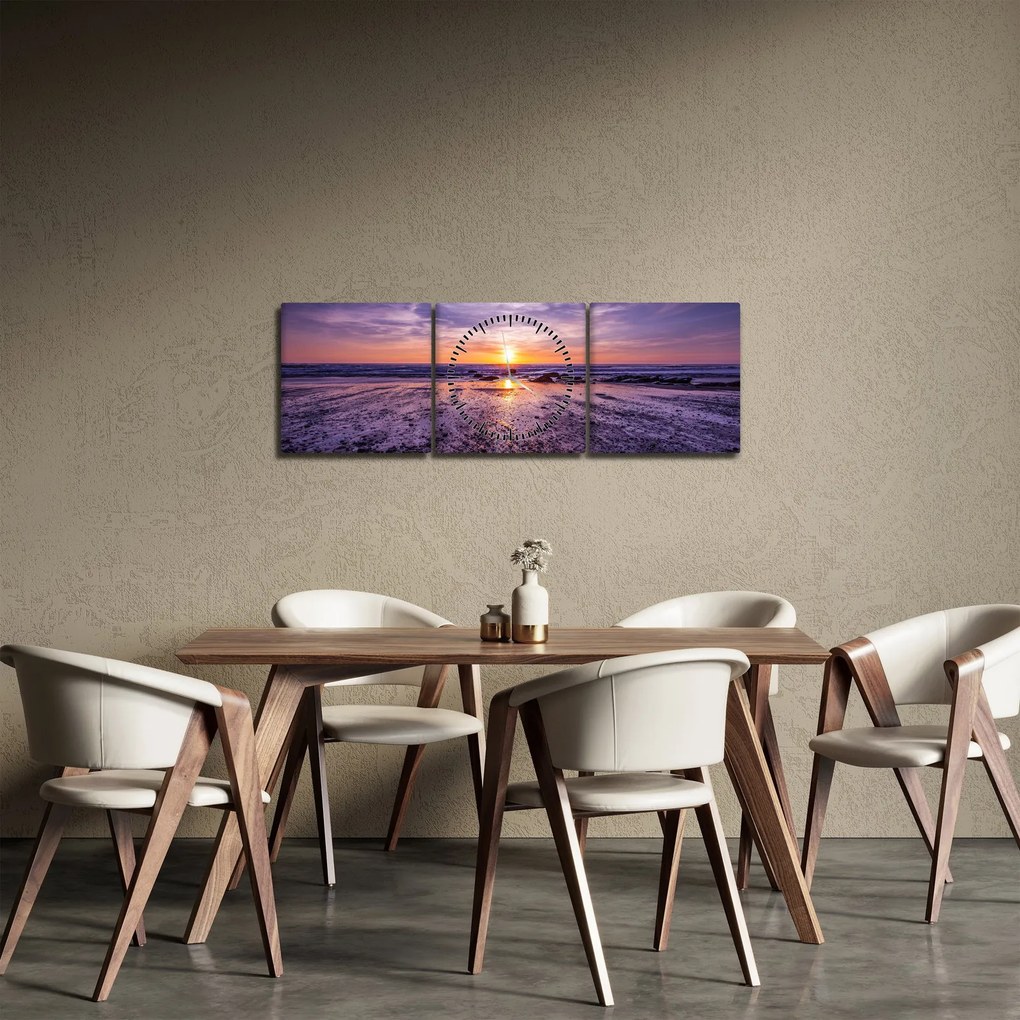Obraz plaży - zachód słońca (z zegarem) (90x30 cm)