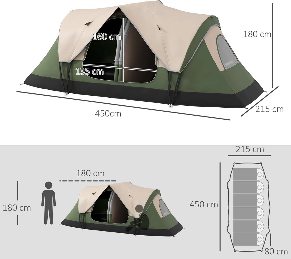 Namiot kempingowy Outsunny, 2 pokoje, ścianka działowa, dla 6 osób, z ochroną przeciwdeszczową, ciemnozielony