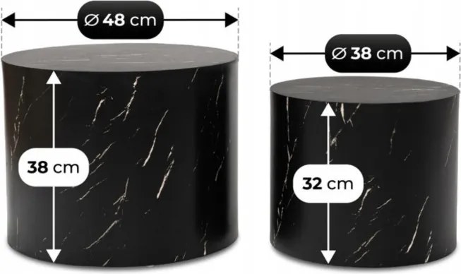 Zestaw Stolików Kawowych LEILA 38 cm/48 cm Czarny Marmur Nowoczesny Glamour