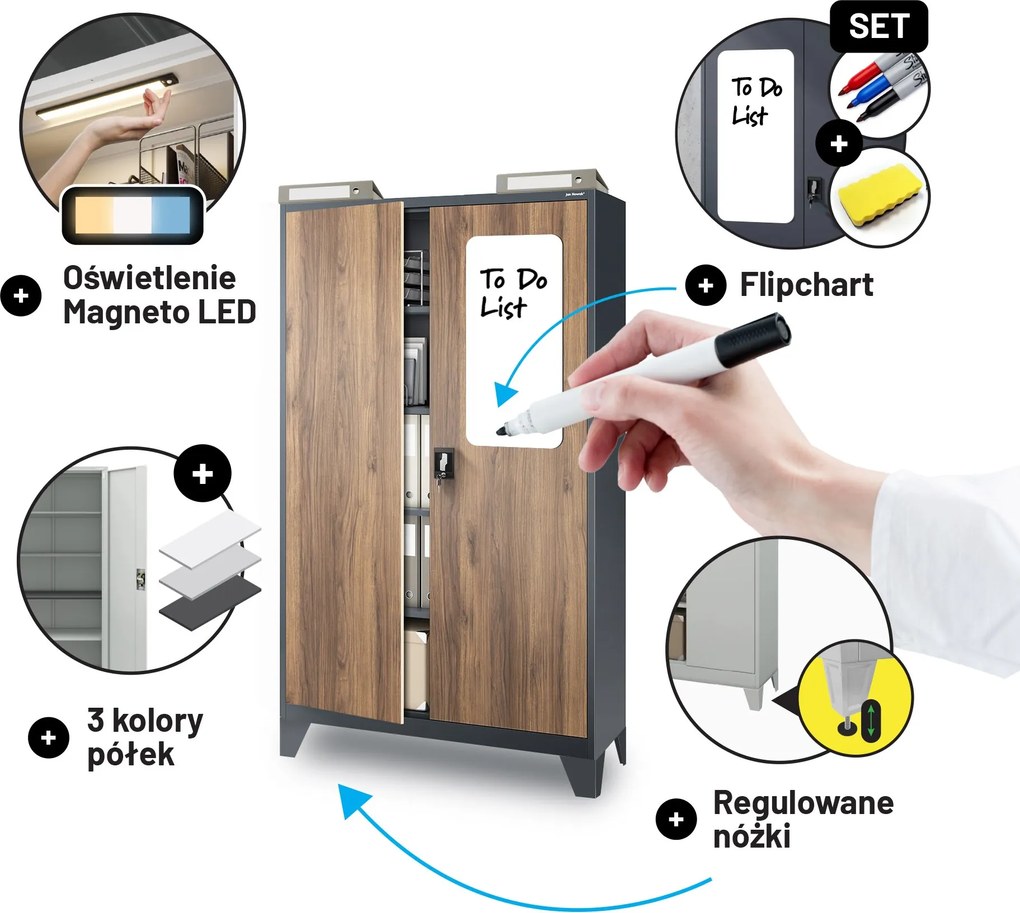 Szafa biurowa metalowa na dokumenty JAN II, Eco Design: antracyt/orzech