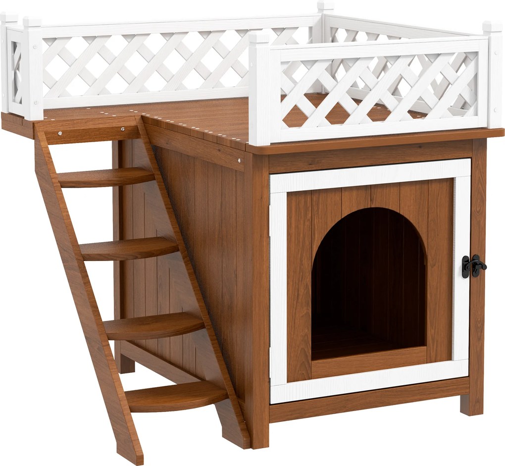 PawHut Dwupoziomowy Domek dla Kota z Balkonem i Schodami, dla Wewnątrz i Na Zewnątrz, dla Kotów i Królików, Drewno Świerkowe, Brązowy