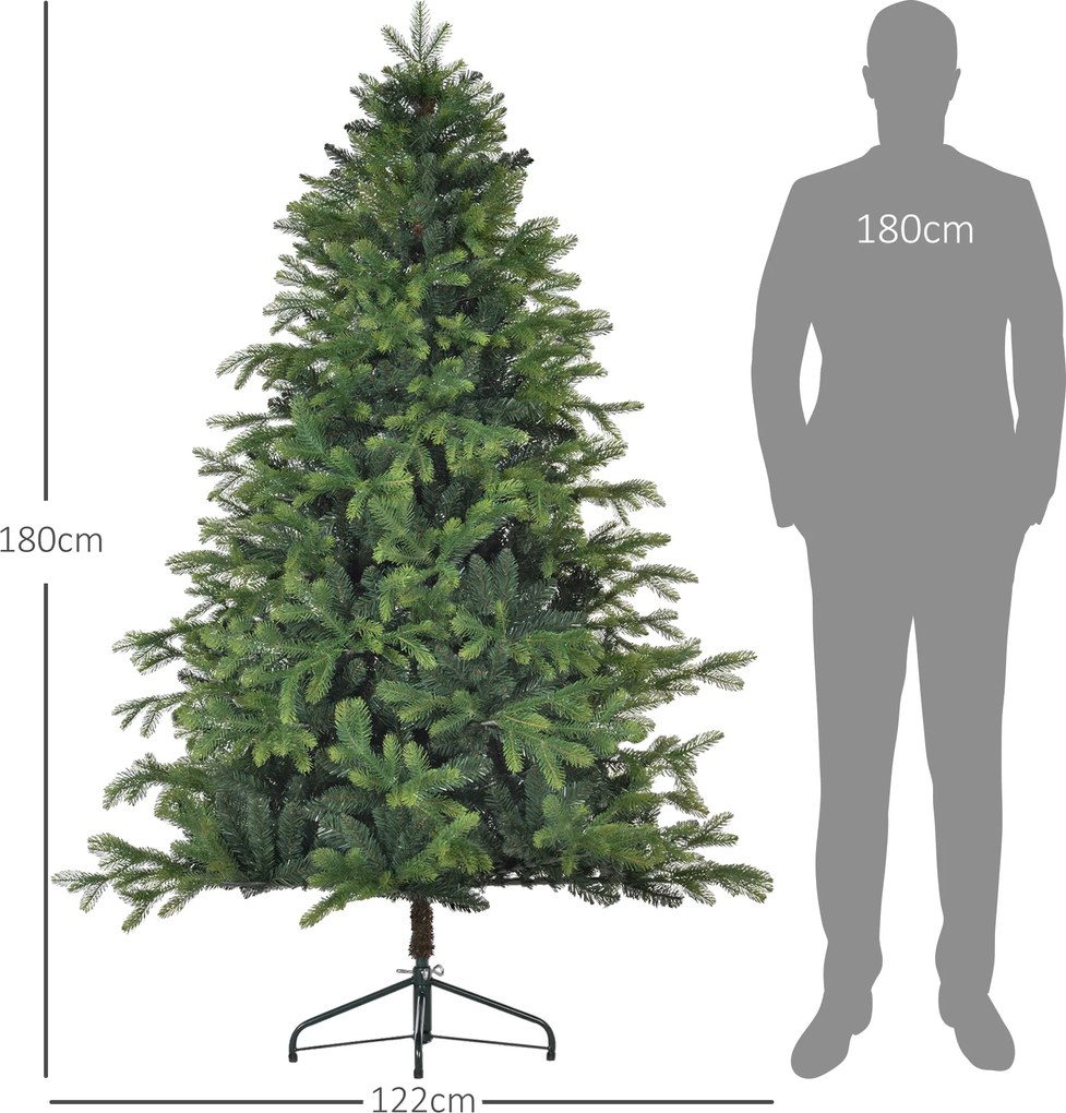 HOMCOM Sztuczna Choinka o Realistycznym Wyglądzie, Odporna na Ogień, ze Stabilnym Metalowym Podnóżem, 180 cm, Zielona