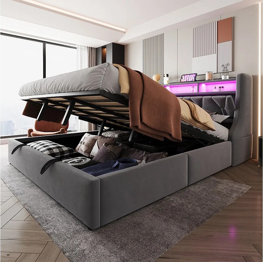 Łóżko tapicerowane ze schowkiem - 180 x 200 cm - hydrauliczne - składany zagłówek ze schowkiem + diody LED - MDF - szare