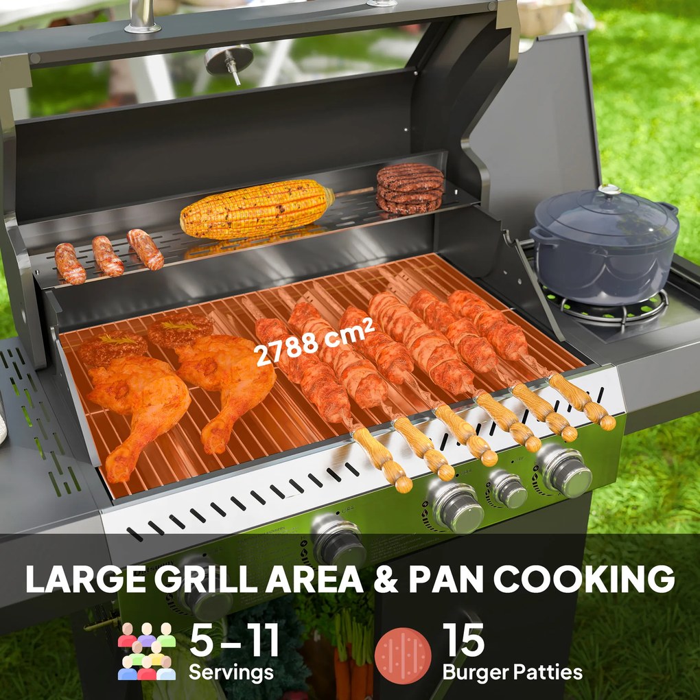 Outsunny grill gazowy na wózku z pięcioma palnikami bocznym palnikiem kółkami pokrywą termometrem i półkami do ogrodu | Aosom PL