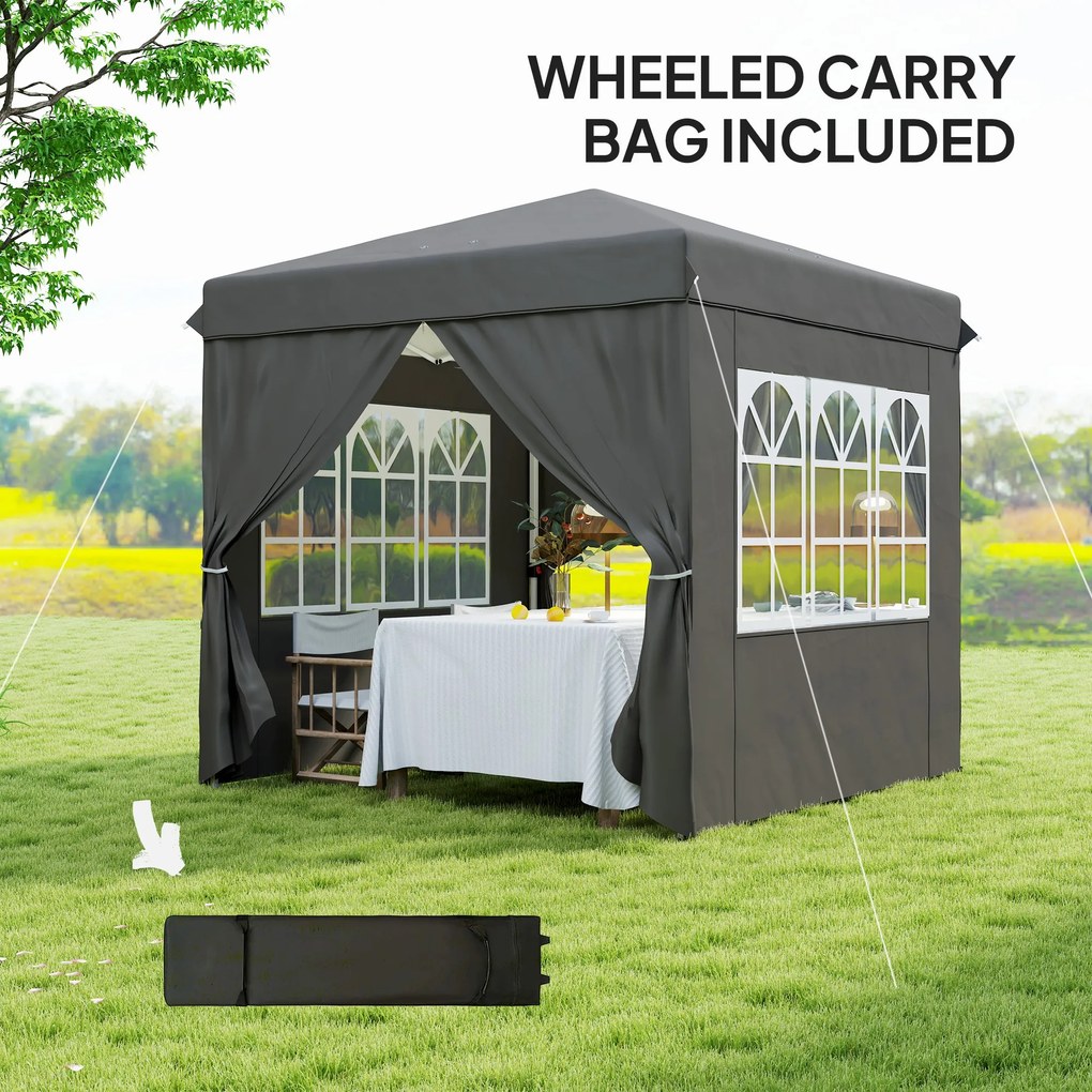 Outsunny 2,5 x 2,5 m Pop-up pawilon z bocznymi ściankami i torbą na kółkach, UPF50+ pawilon ogrodowy z regulowaną wysokością, Ciemny szary