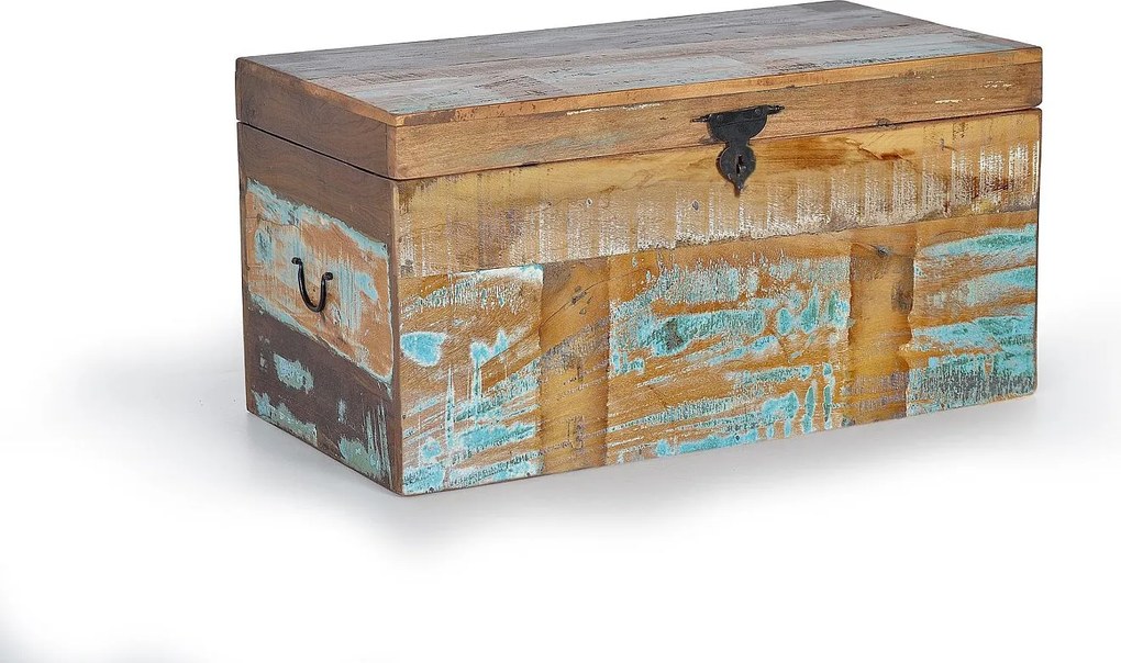 Ręcznie robiony kufer z odzyskanego wielokolorowego drewna